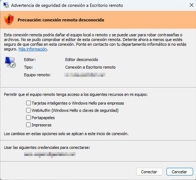 Avís de seguretat RDP Windows en obrir un fitxer RDP