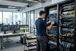Técnico informático administrando redes empresariales en una infraestructura de servidores y comunicaciones