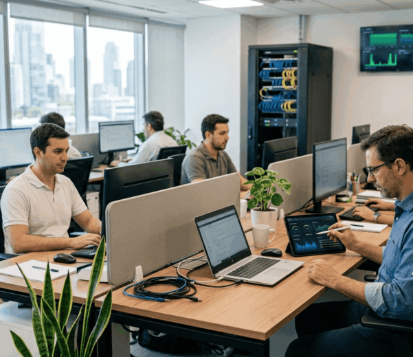 Administrador de sistemas supervisando la infraestructura IT de una empresa mientras los empleados trabajan con normalidad.