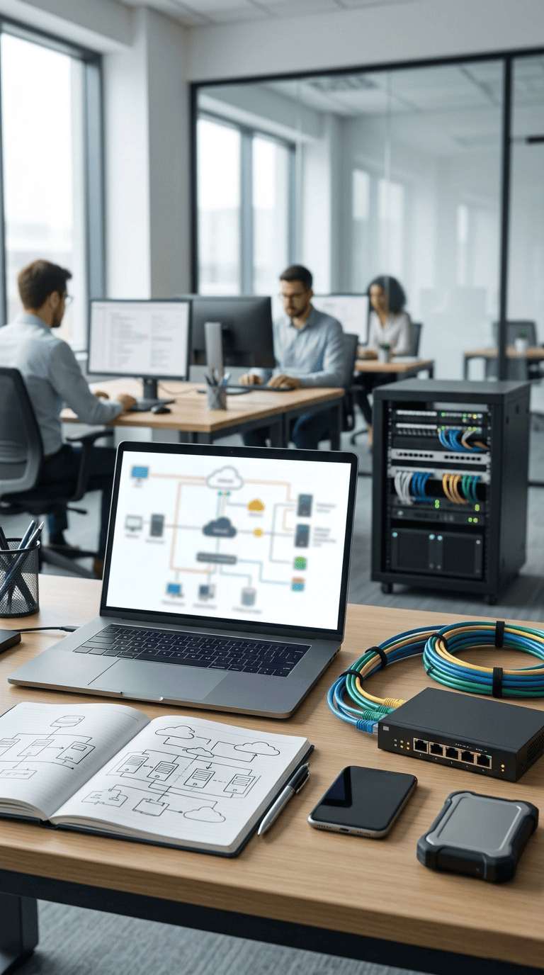Mesa técnica con portátil, backup y equipos de red para la administración de sistemas informáticos empresariales.