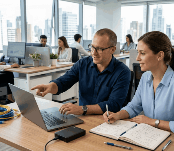 Consultor IT colaborando con el equipo interno para mejorar la administración de sistemas y la continuidad operativa.