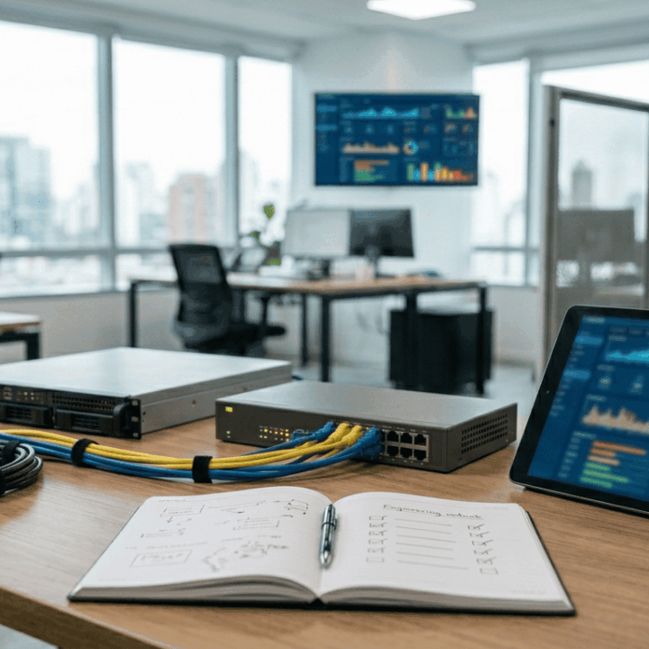 Infraestructura IT monitorizada con paneles de estado, equipos de red y documentación de continuidad operativa.