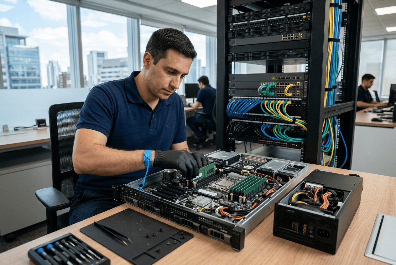 Componentes del hardware informático en un entorno profesional de mantenimiento empresarial