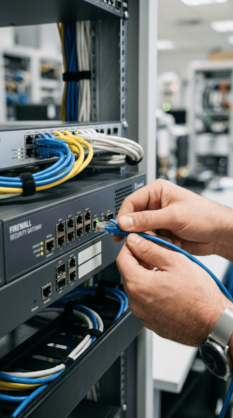 Primer plano de cables de red conectados a un firewall empresarial para controlar accesos y tráfico.
