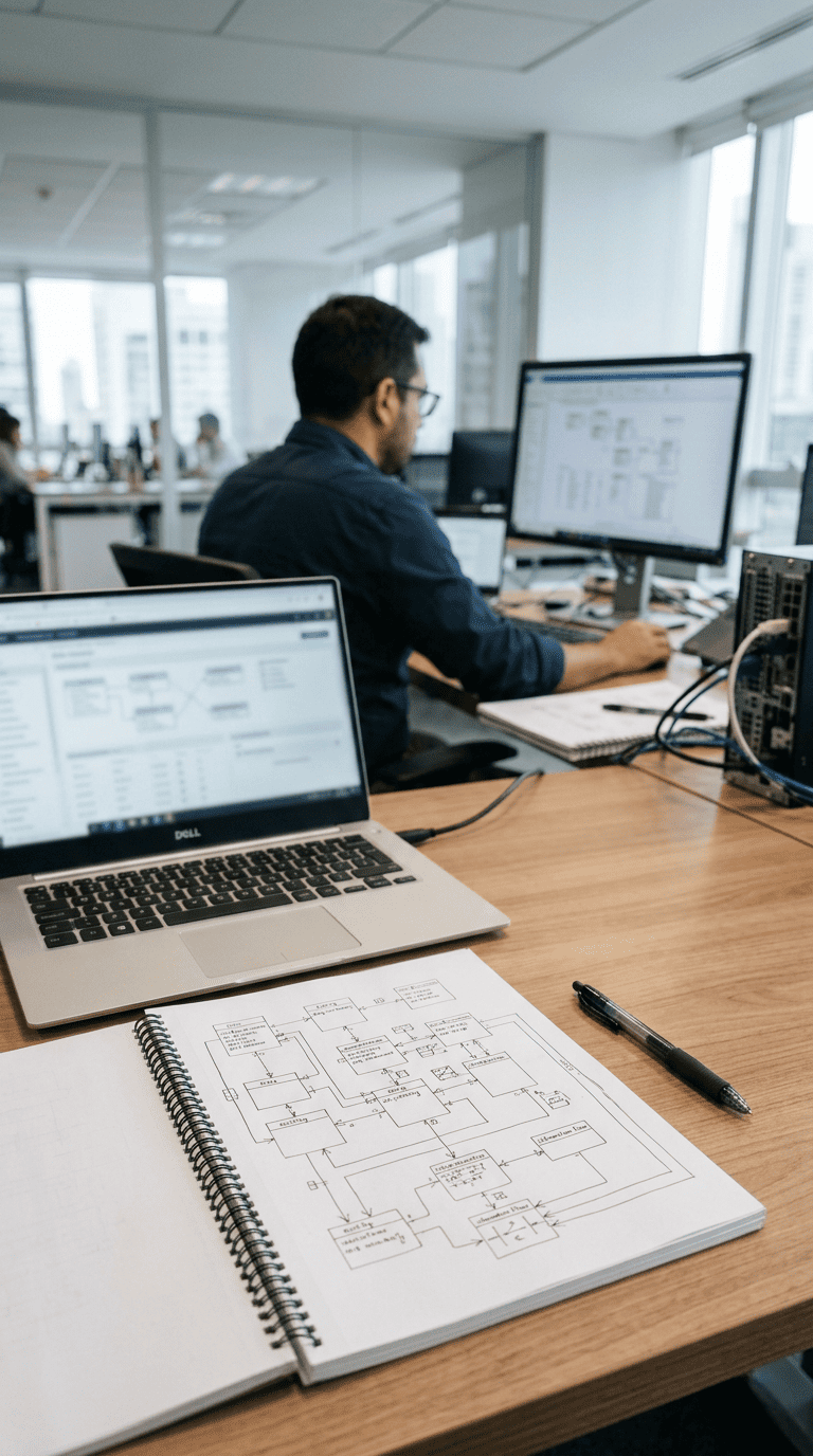 Mesa de trabajo con diagramas técnicos para el diseño de bases de datos empresariales.
