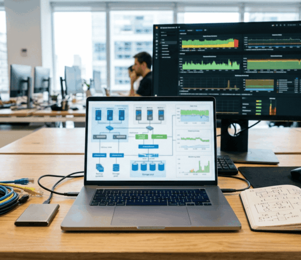 Mesa técnica con portátil y elementos de red que representan una infraestructura IT virtualizada y escalable.