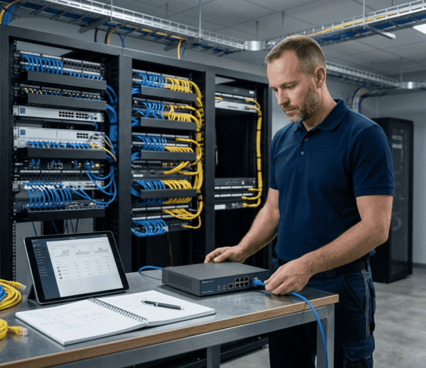 Técnico revisando la seguridad de una red empresarial con firewall y equipos de comunicaciones.