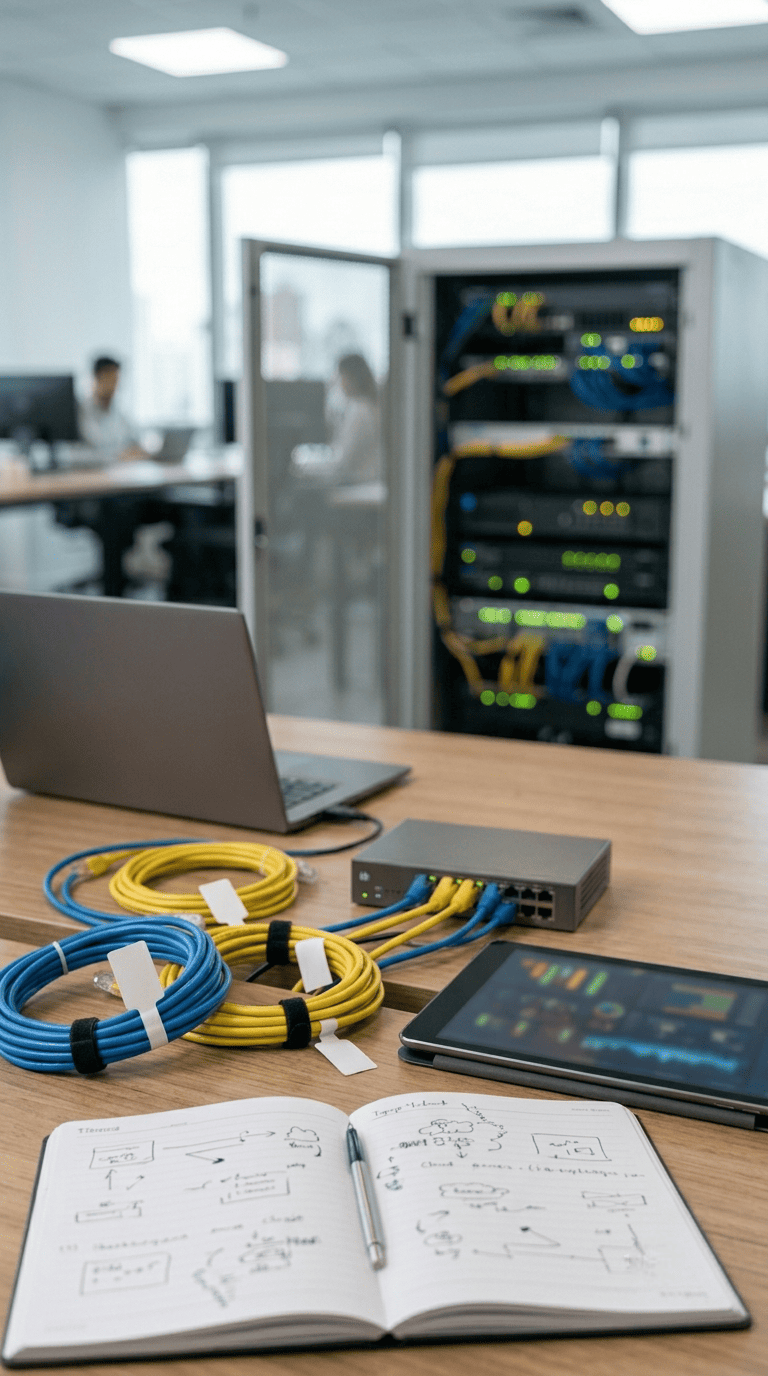 Herramientas de monitorización IT con tablet, cables de red, libreta técnica y equipo de comunicaciones.