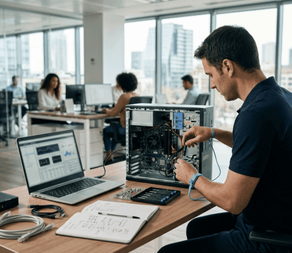 Técnico reparando un ordenador de empresa en una oficina moderna de Barcelona