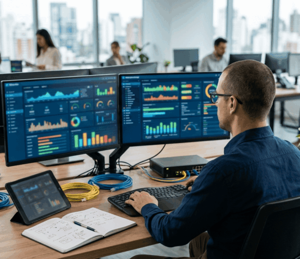 Puesto técnico de monitorización de sistemas empresariales con paneles de control desenfocados.