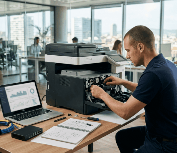 Técnico revisando una impresora de empresa en una oficina moderna de Barcelona