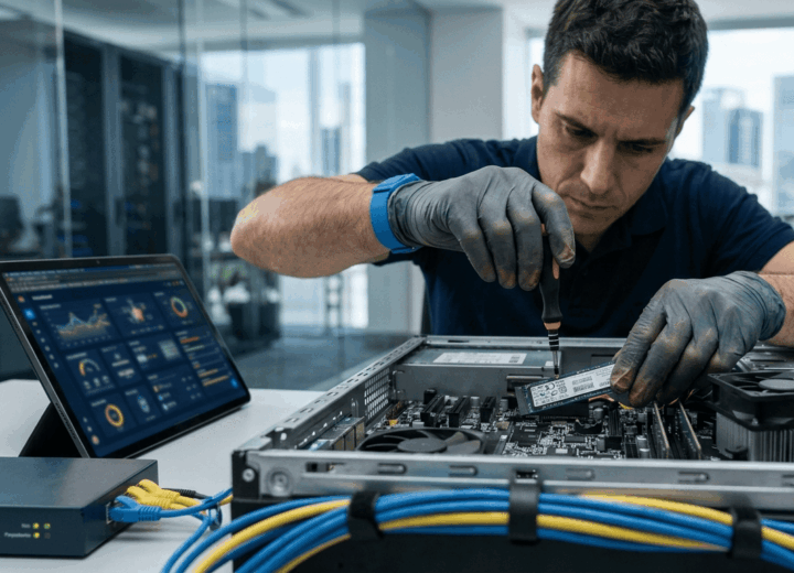 Mano de técnico sustituyendo un componente interno de un ordenador empresarial