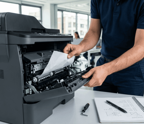 Mano de técnico solucionando una incidencia en una impresora de empresa