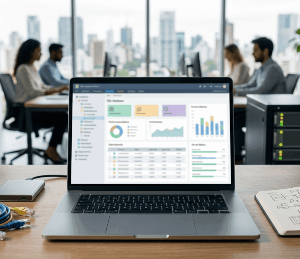 Portátil y equipos técnicos para la gestión de bases de datos SQL Server en empresas.
