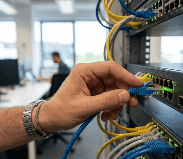 Conexión de red en oficina como parte de un servicio de soporte informático remoto.