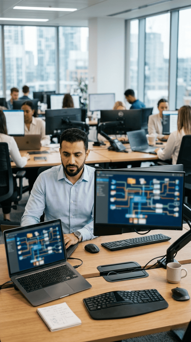 Consultor IT trabajando con escritorios virtuales y aplicaciones centralizadas en una oficina corporativa.