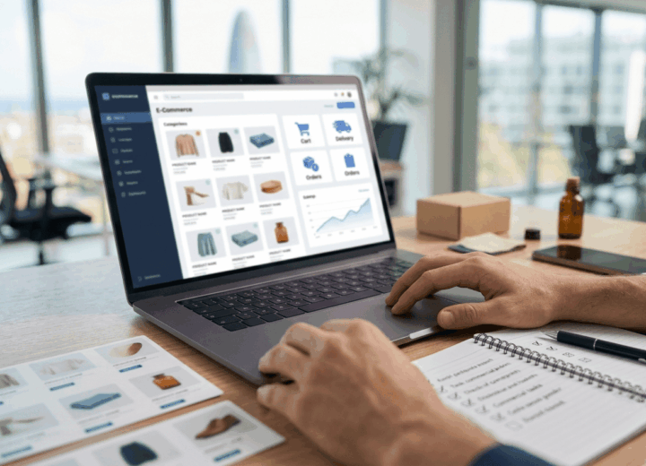 Primer plano de una tienda online con catálogo y pedidos en gestión