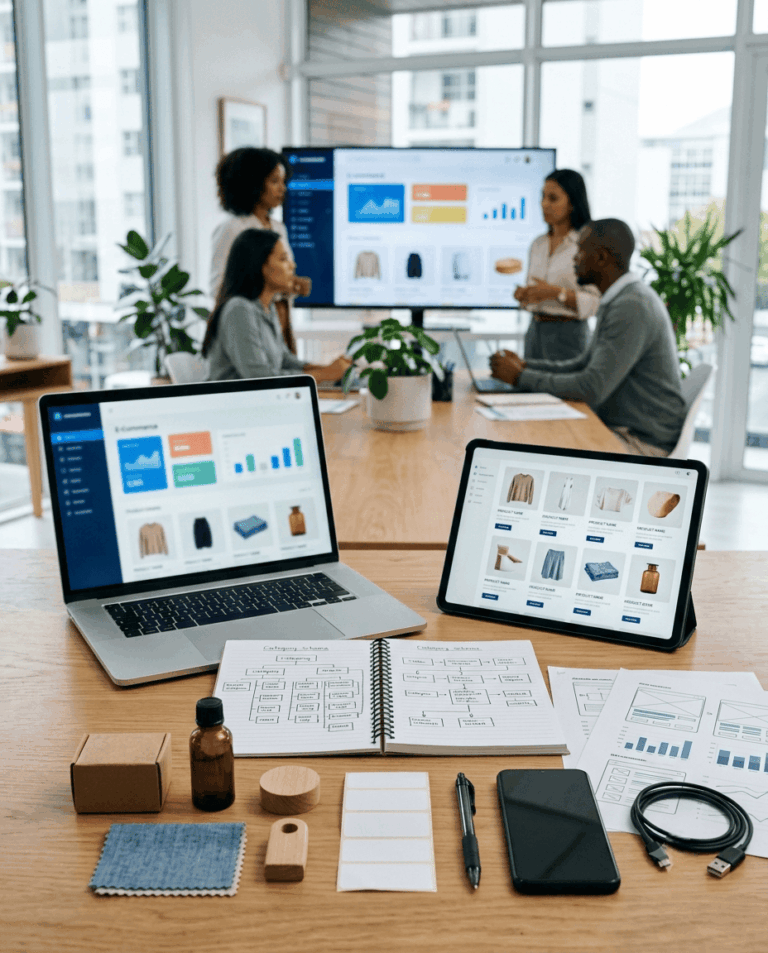 Mesa de trabajo con planificación de catálogo y diseño de tienda online